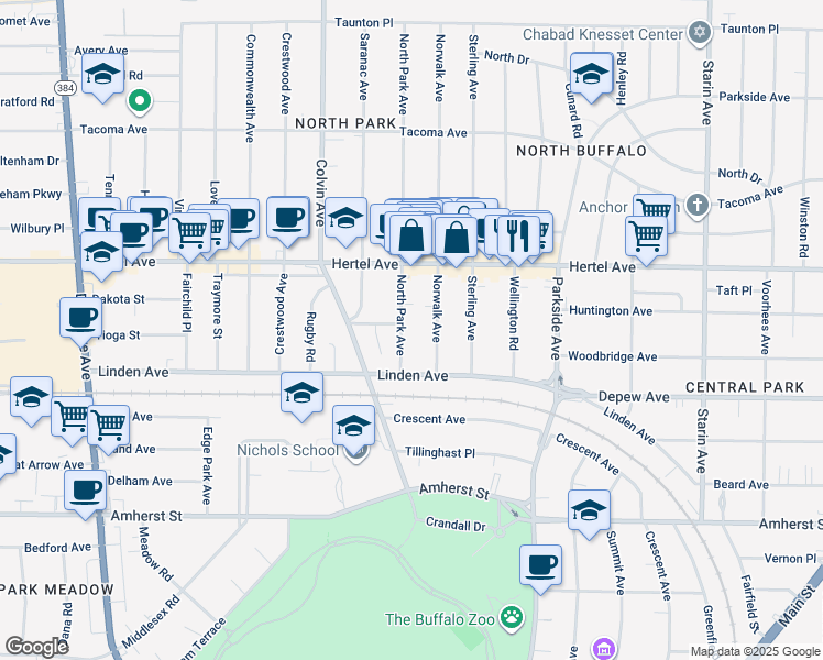 map of restaurants, bars, coffee shops, grocery stores, and more near 70 Norwalk Avenue in Buffalo