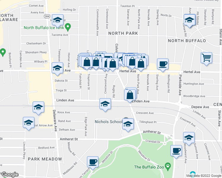 map of restaurants, bars, coffee shops, grocery stores, and more near 68 Rugby Road in Buffalo