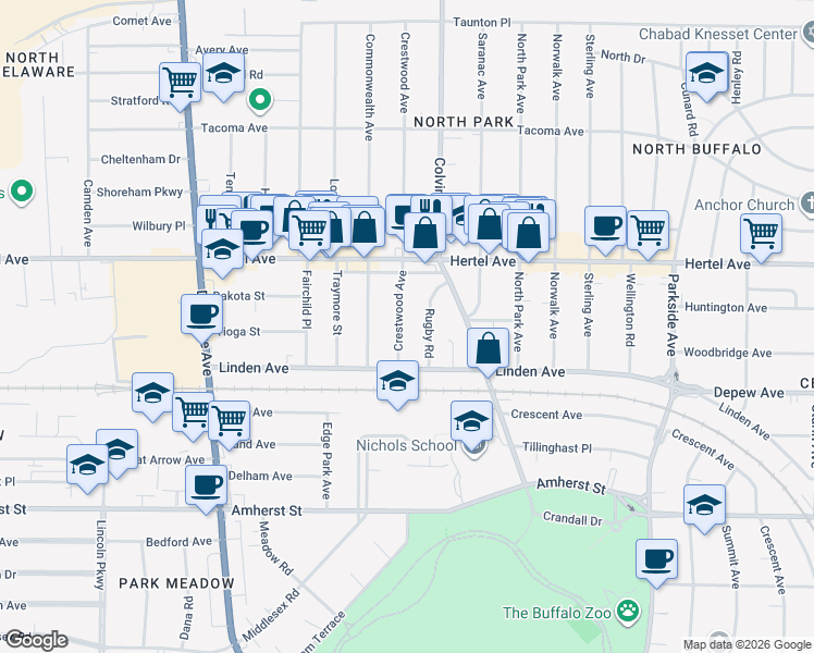map of restaurants, bars, coffee shops, grocery stores, and more near 68 Crestwood Avenue in Buffalo