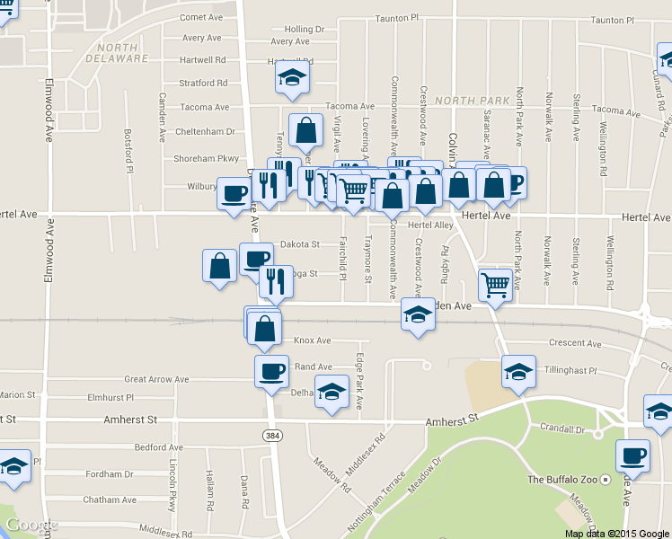 map of restaurants, bars, coffee shops, grocery stores, and more near 69 Fairchild Place in Buffalo