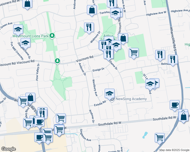 map of restaurants, bars, coffee shops, grocery stores, and more near 189 Ensign Drive in London