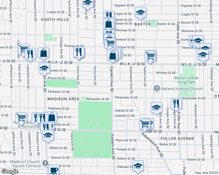 map of restaurants, bars, coffee shops, grocery stores, and more near 742 Prince Street Southeast in Grand Rapids