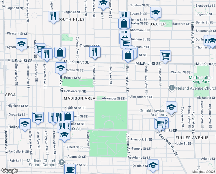 map of restaurants, bars, coffee shops, grocery stores, and more near 700 Prince Street Southeast in Grand Rapids