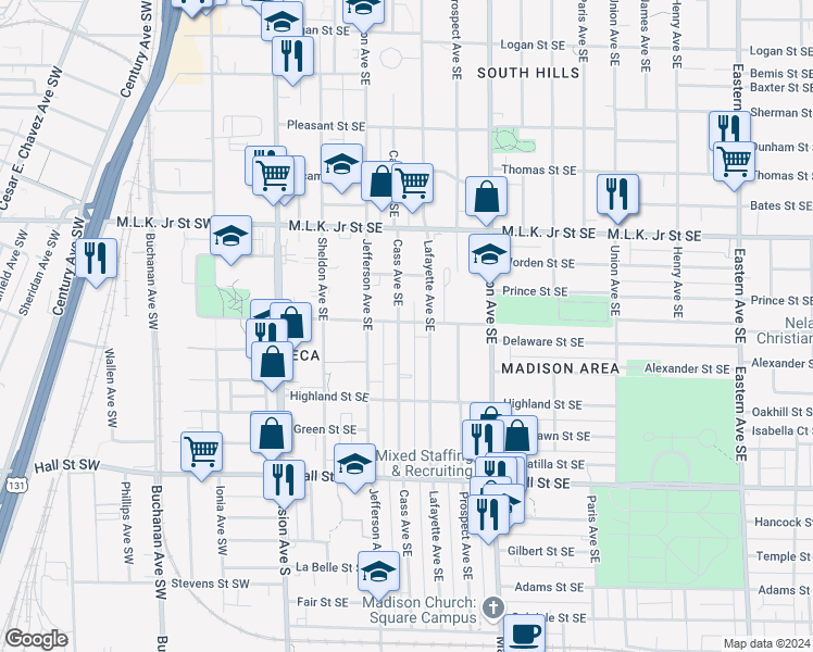 map of restaurants, bars, coffee shops, grocery stores, and more near 925 Lafayette Avenue Southeast in Grand Rapids