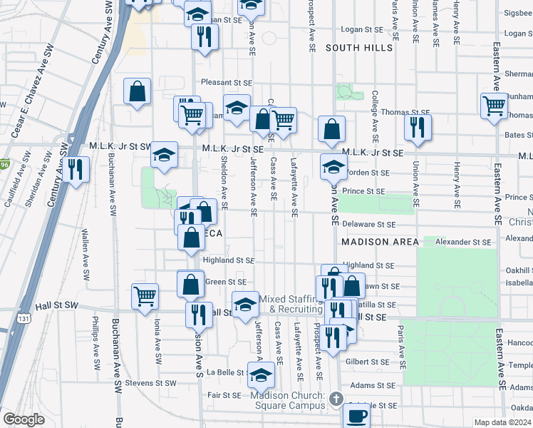 map of restaurants, bars, coffee shops, grocery stores, and more near 924 Jefferson Avenue Southeast in Grand Rapids