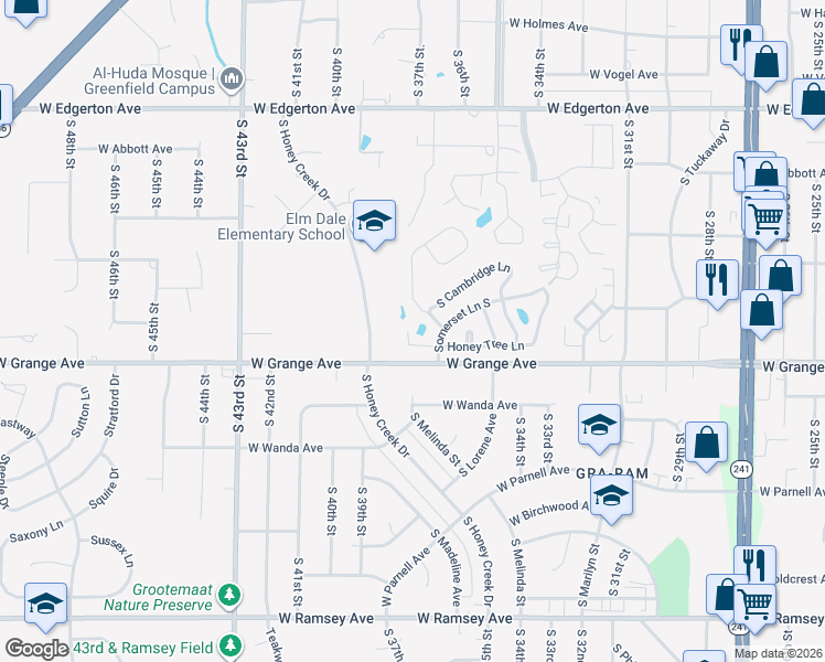 map of restaurants, bars, coffee shops, grocery stores, and more near 5421 South Butterfield Way in Greenfield