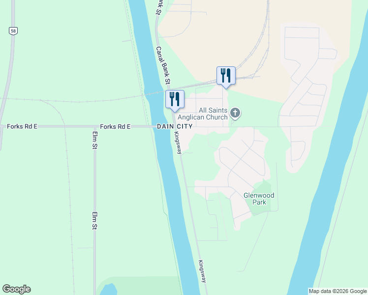 map of restaurants, bars, coffee shops, grocery stores, and more near 20 Kingsway in Welland