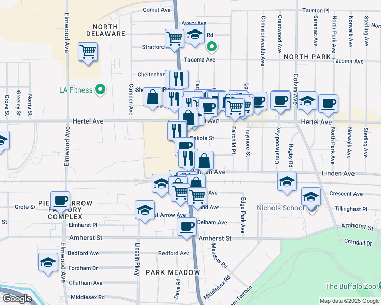 map of restaurants, bars, coffee shops, grocery stores, and more near 2300 Delaware Avenue in Buffalo