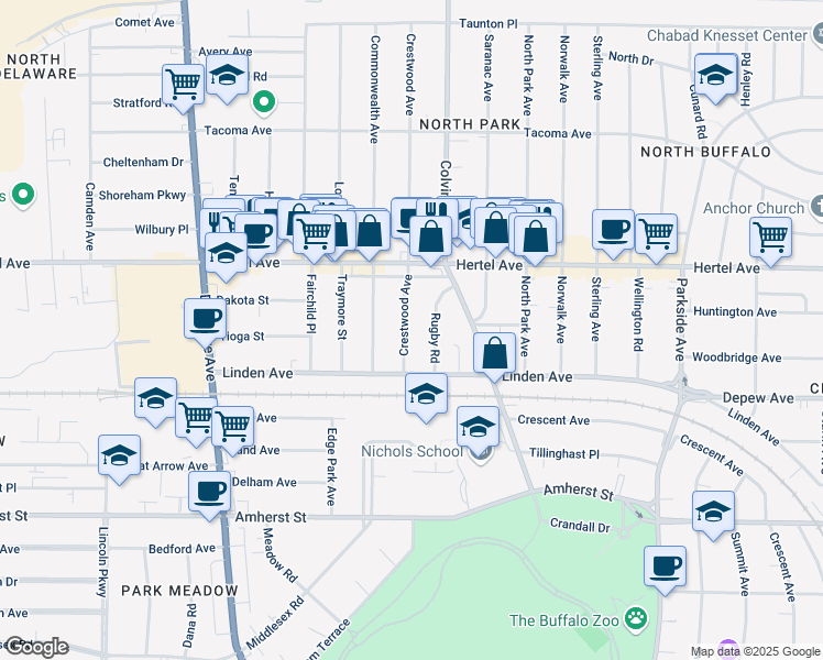 map of restaurants, bars, coffee shops, grocery stores, and more near 41 Crestwood Avenue in Buffalo