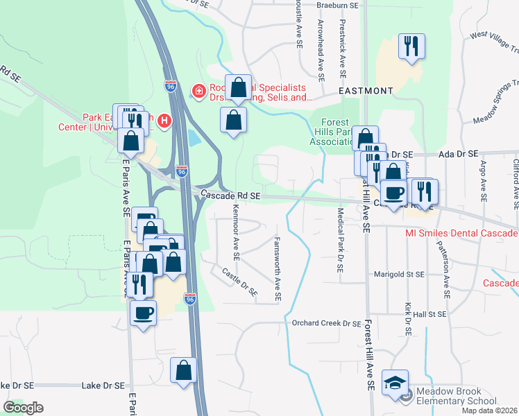 map of restaurants, bars, coffee shops, grocery stores, and more near 4300 Cascade Road Southeast in Grand Rapids