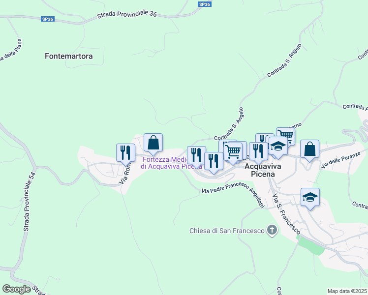 map of restaurants, bars, coffee shops, grocery stores, and more near 2 Contrada San Angelo in Provincia di Ascoli Piceno