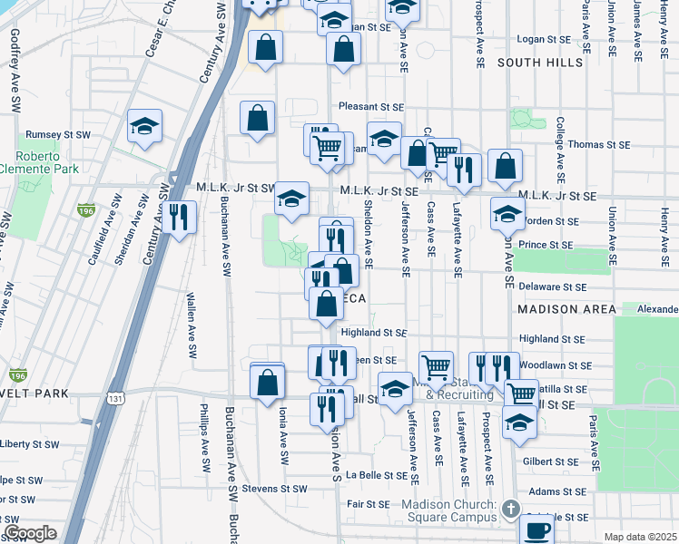 map of restaurants, bars, coffee shops, grocery stores, and more near 25 Delaware Street Southeast in Grand Rapids