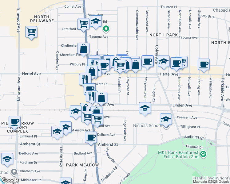 map of restaurants, bars, coffee shops, grocery stores, and more near 11 Tioga Street in Buffalo