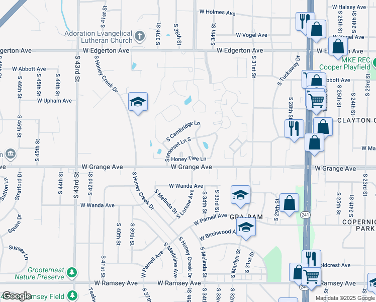 map of restaurants, bars, coffee shops, grocery stores, and more near 5411 Morningside Lane in Greenfield