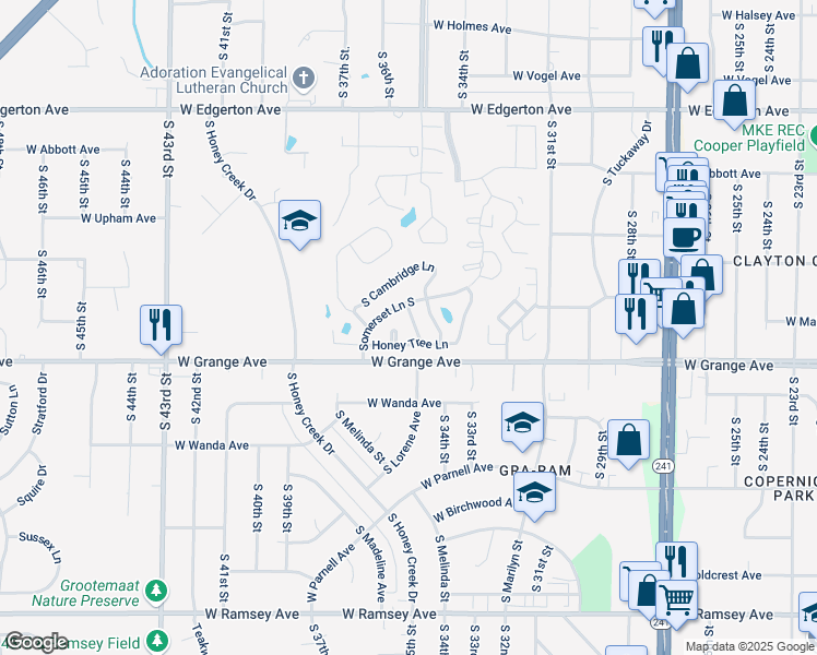 map of restaurants, bars, coffee shops, grocery stores, and more near 5421 Somerset Lane South in Greenfield