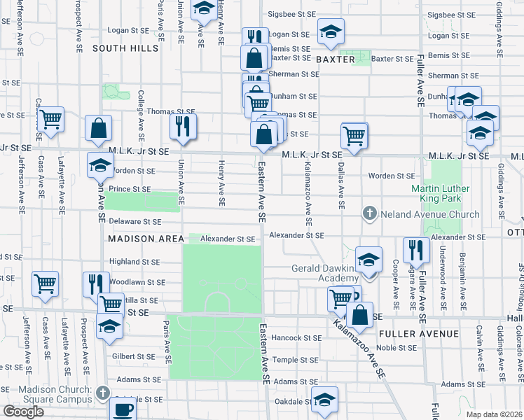 map of restaurants, bars, coffee shops, grocery stores, and more near Eastern Ave SE & Watkins St SE in Grand Rapids
