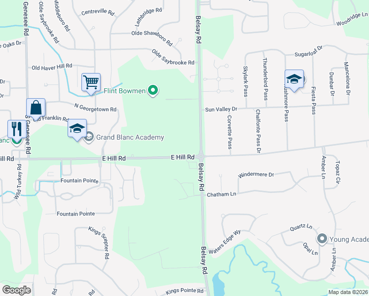 map of restaurants, bars, coffee shops, grocery stores, and more near 5363 Hill Road in Grand Blanc