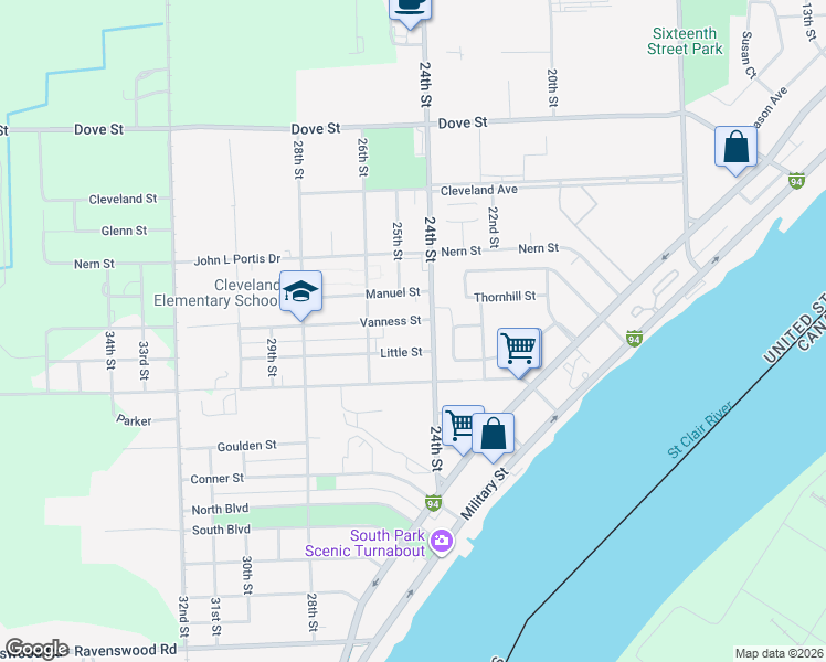 map of restaurants, bars, coffee shops, grocery stores, and more near 3111 24th Street in Port Huron