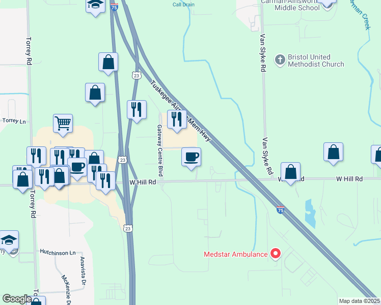 map of restaurants, bars, coffee shops, grocery stores, and more near 5417 Gateway Centre Boulevard in Flint