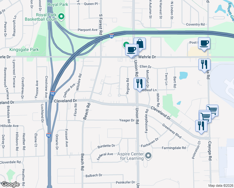 map of restaurants, bars, coffee shops, grocery stores, and more near 29 Jean Terrace in Buffalo
