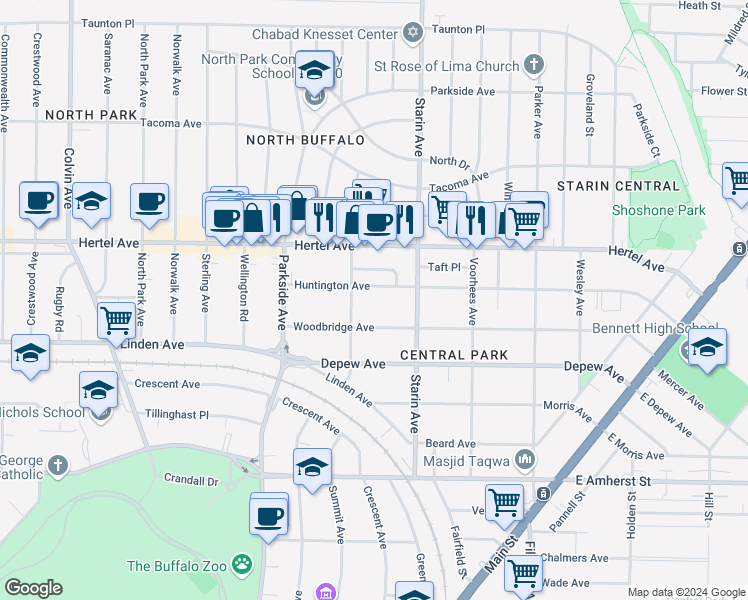 map of restaurants, bars, coffee shops, grocery stores, and more near 367 Huntington Avenue in Buffalo