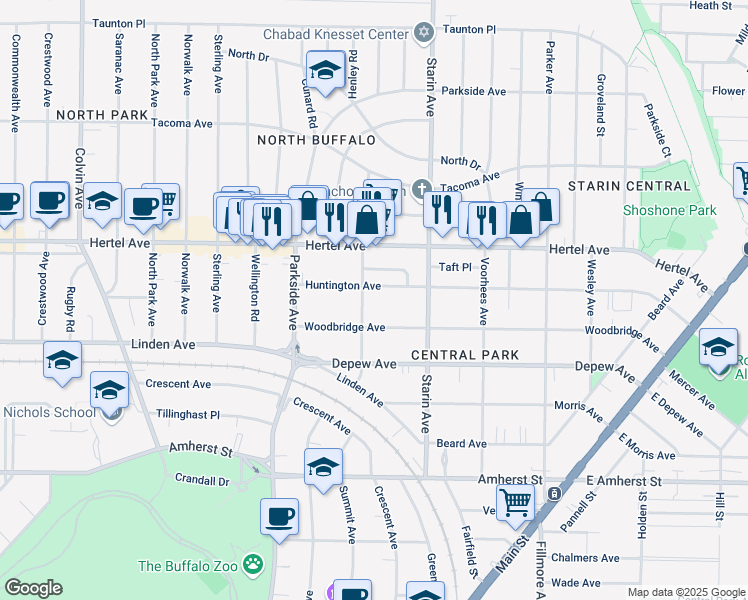 map of restaurants, bars, coffee shops, grocery stores, and more near 367 Huntington Avenue in Buffalo