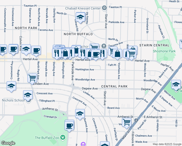 map of restaurants, bars, coffee shops, grocery stores, and more near 367 Huntington Avenue in Buffalo