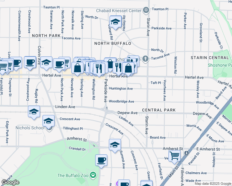 map of restaurants, bars, coffee shops, grocery stores, and more near 451 Huntington Avenue in Buffalo
