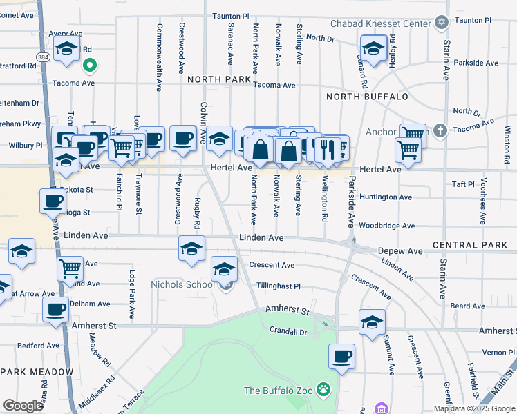 map of restaurants, bars, coffee shops, grocery stores, and more near 70 Norwalk Avenue in Buffalo