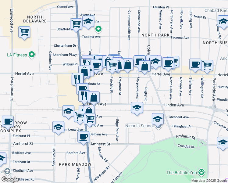map of restaurants, bars, coffee shops, grocery stores, and more near 69 Fairchild Place in Buffalo