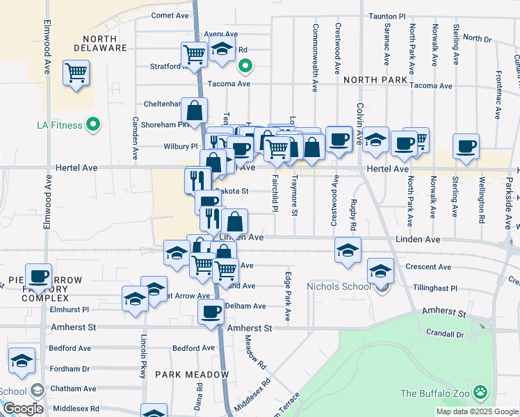 map of restaurants, bars, coffee shops, grocery stores, and more near 30 Dakota Street in Buffalo