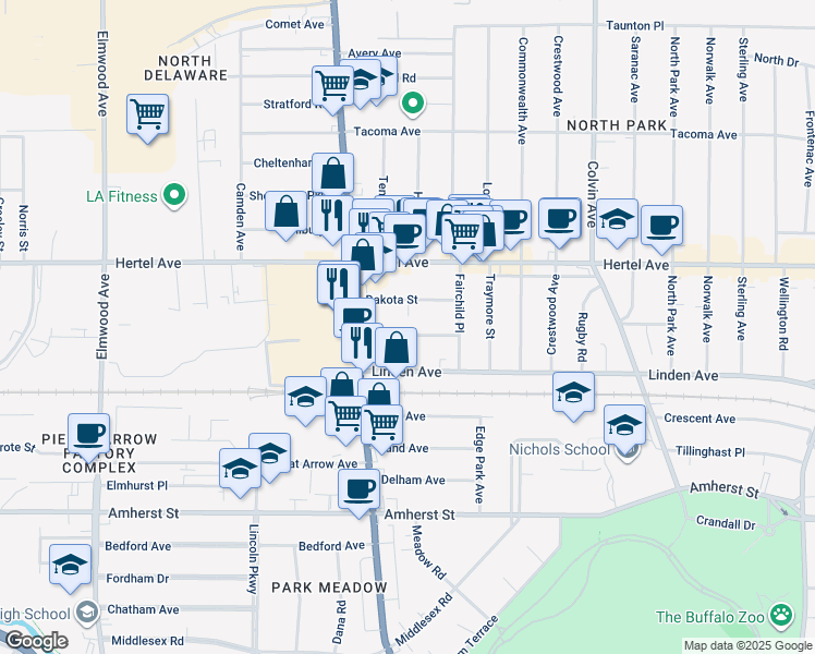 map of restaurants, bars, coffee shops, grocery stores, and more near 74 Dakota Street in Buffalo