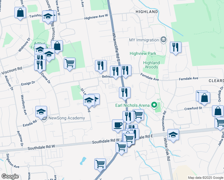 map of restaurants, bars, coffee shops, grocery stores, and more near 100 Belmont Drive in London
