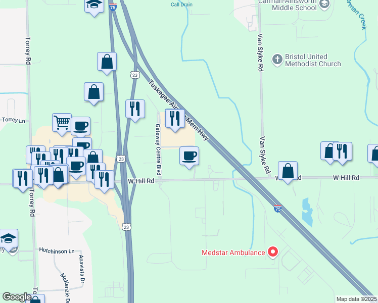 map of restaurants, bars, coffee shops, grocery stores, and more near 5361 Gateway Center in Flint