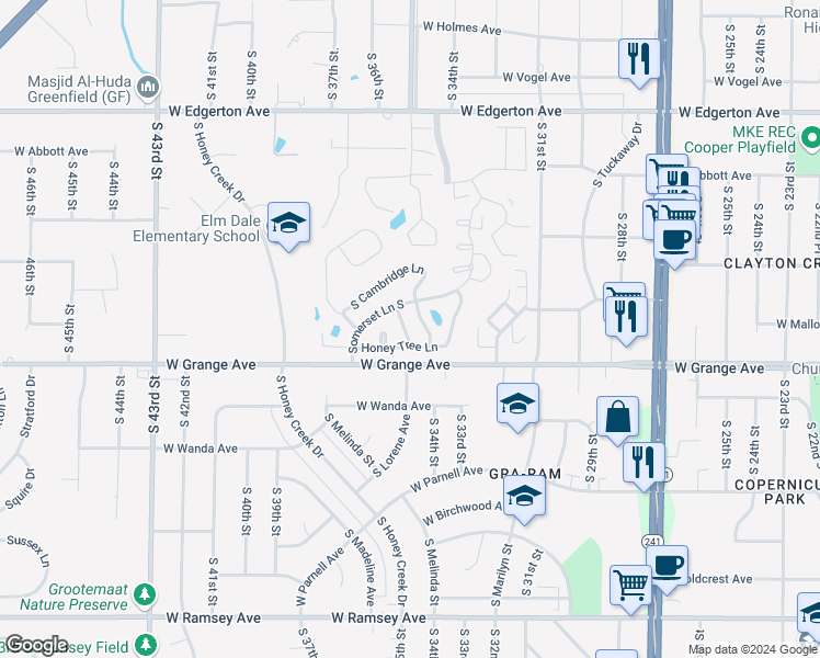 map of restaurants, bars, coffee shops, grocery stores, and more near 5411 Morningside Lane in Greenfield