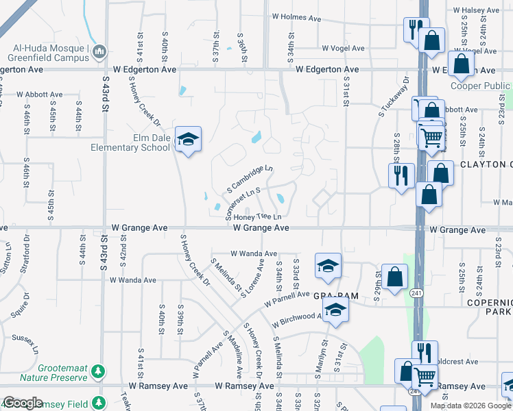 map of restaurants, bars, coffee shops, grocery stores, and more near 5421 Somerset Lane South in Greenfield