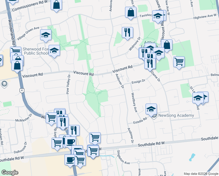 map of restaurants, bars, coffee shops, grocery stores, and more near 244 Ensign Crescent in London