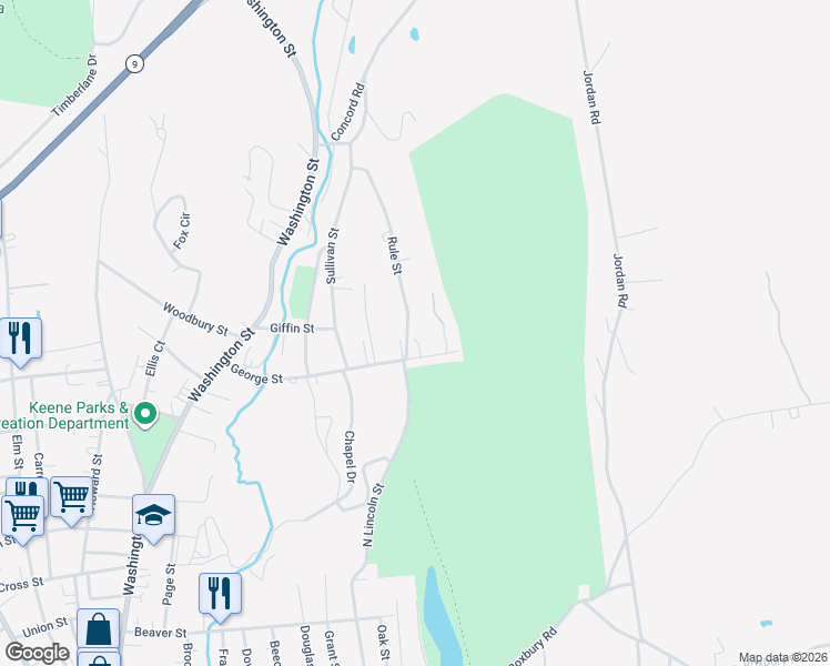 map of restaurants, bars, coffee shops, grocery stores, and more near 17 Rule Street in Keene