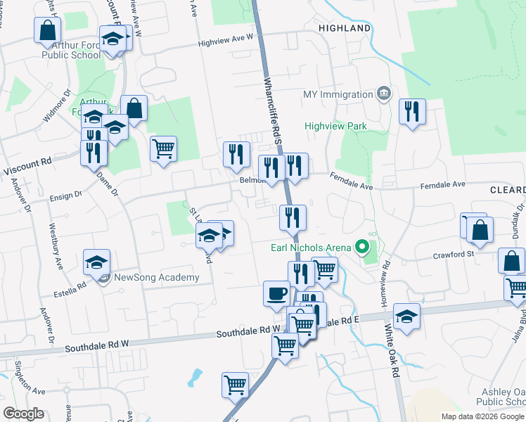 map of restaurants, bars, coffee shops, grocery stores, and more near 110 Belmont Drive in London