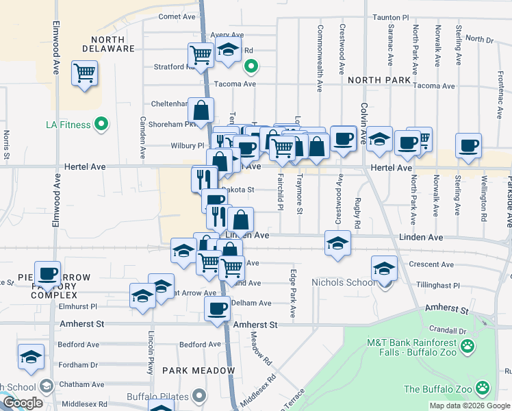 map of restaurants, bars, coffee shops, grocery stores, and more near 30 Dakota Street in Buffalo