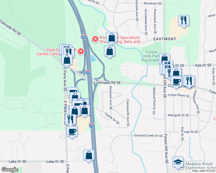 map of restaurants, bars, coffee shops, grocery stores, and more near 903 Kenmoor Avenue Southeast in Grand Rapids