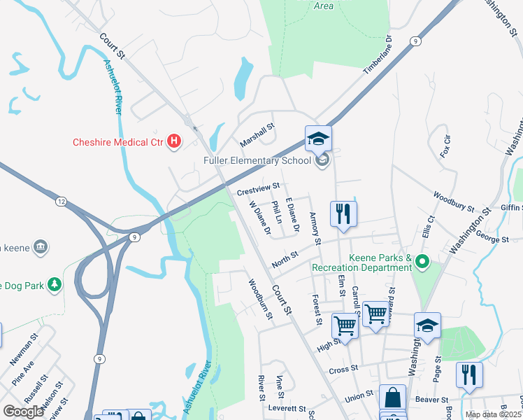 map of restaurants, bars, coffee shops, grocery stores, and more near 4 West Diane Drive in Keene