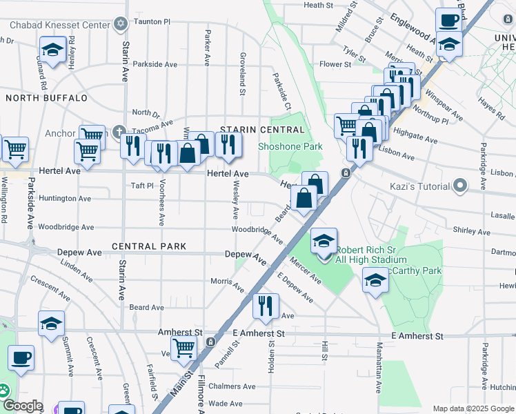 map of restaurants, bars, coffee shops, grocery stores, and more near 78 Huntington Avenue in Buffalo