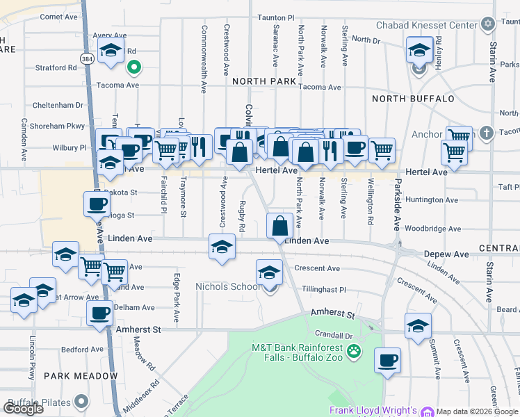 map of restaurants, bars, coffee shops, grocery stores, and more near 182 Colvin Avenue in Buffalo