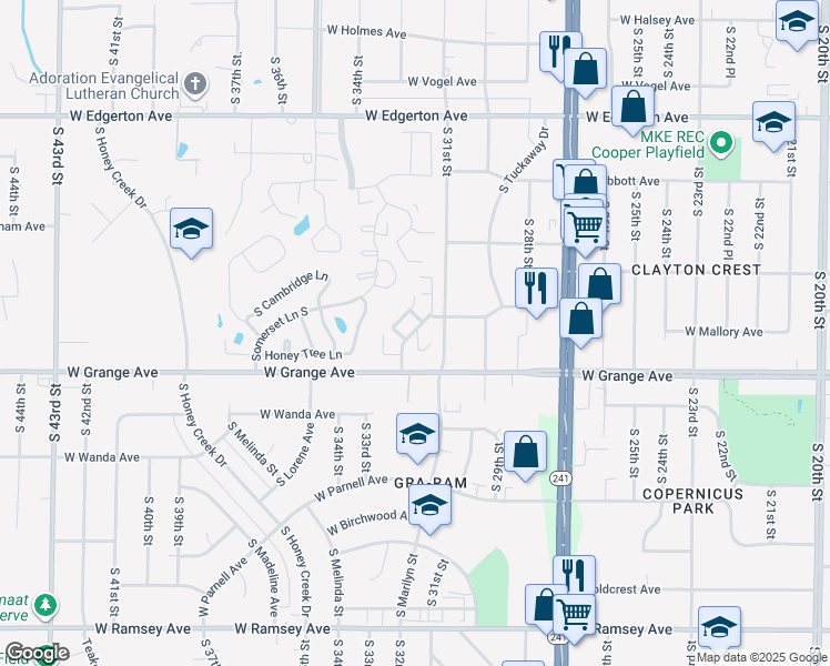 map of restaurants, bars, coffee shops, grocery stores, and more near 5470 South Tuckaway Lane in Greenfield
