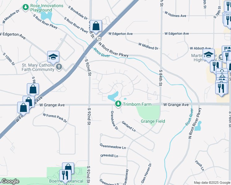 map of restaurants, bars, coffee shops, grocery stores, and more near 8601 Westlake Drive in Greendale