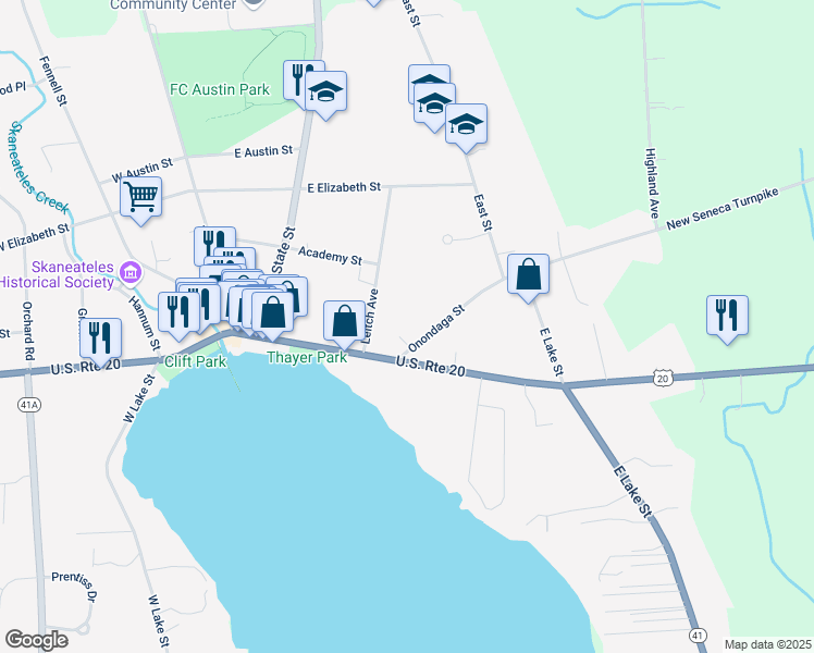 map of restaurants, bars, coffee shops, grocery stores, and more near 11 Onondaga Street in Skaneateles
