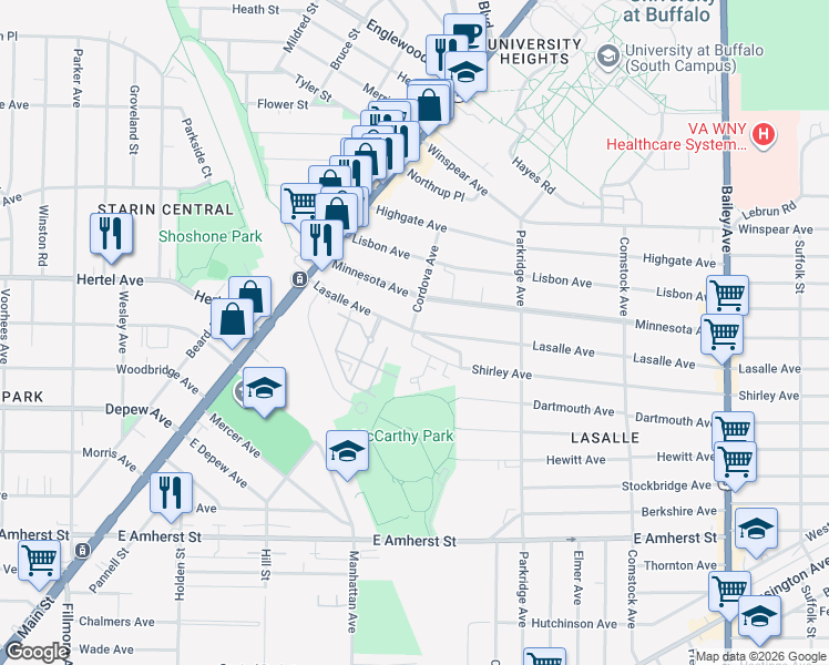 map of restaurants, bars, coffee shops, grocery stores, and more near 98 Lasalle Avenue in Buffalo