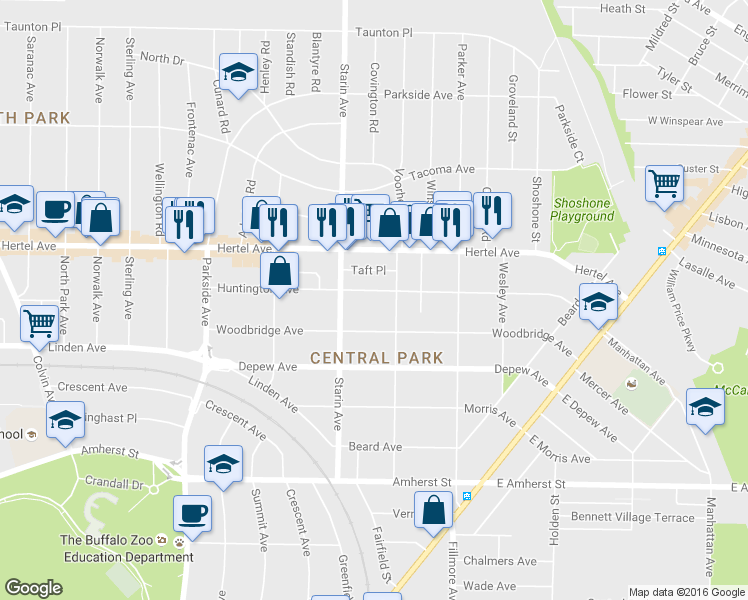 map of restaurants, bars, coffee shops, grocery stores, and more near 285 Huntington Avenue in Buffalo