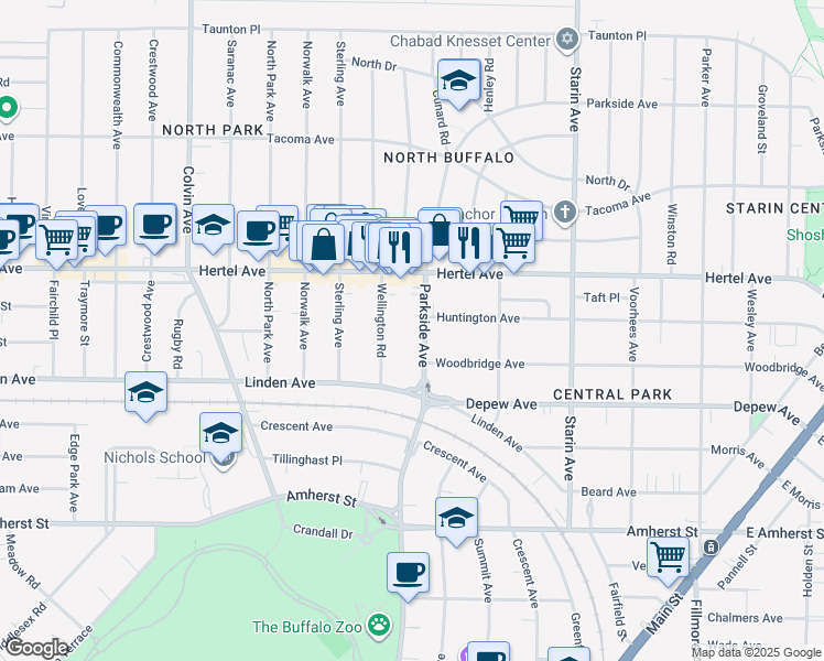 map of restaurants, bars, coffee shops, grocery stores, and more near 612 Parkside Avenue in Buffalo